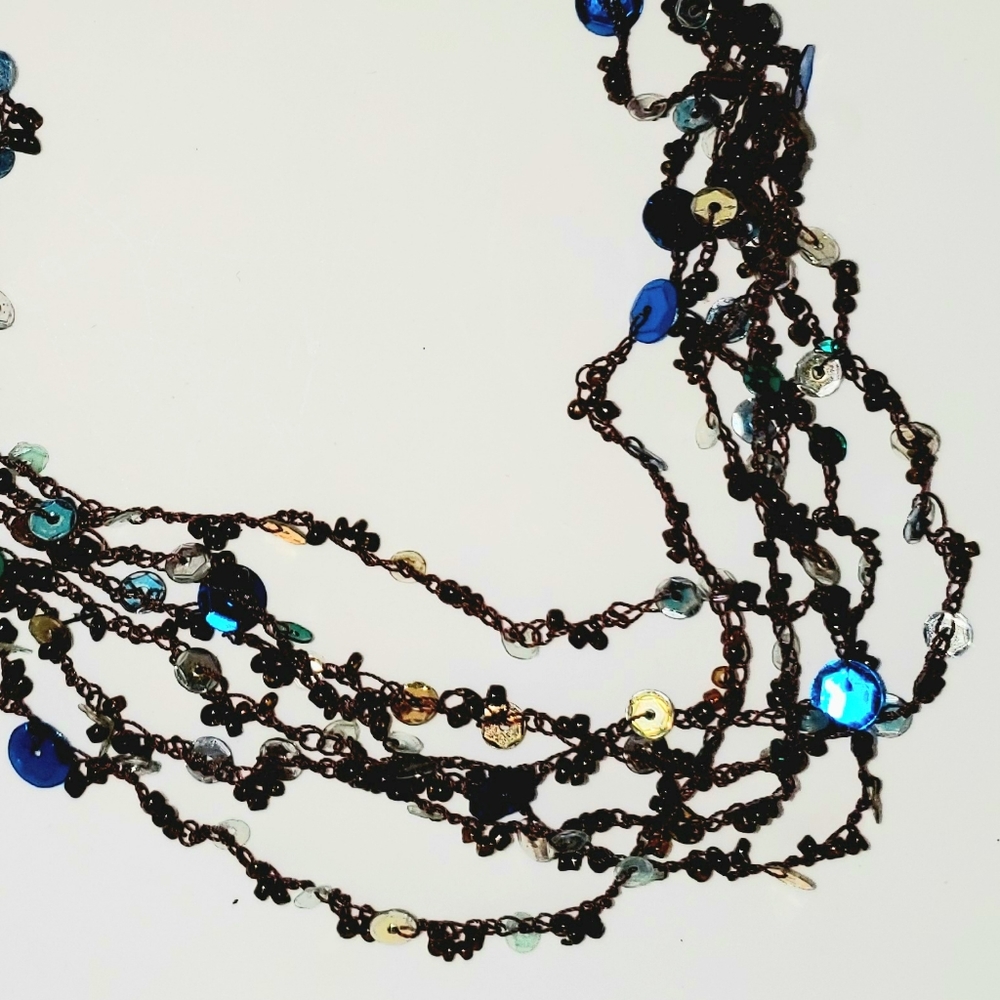 Crocheted Necklace Blue, Silver & Chocolate Brown Lightweight Light Reflecting